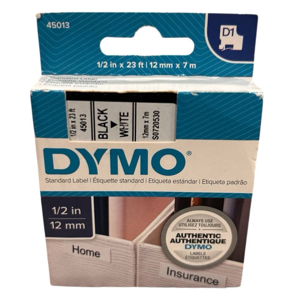 DYMO D1‎ Standard Label Tape 1/2" 12mm Black on White 23 ft 7m 45013 New